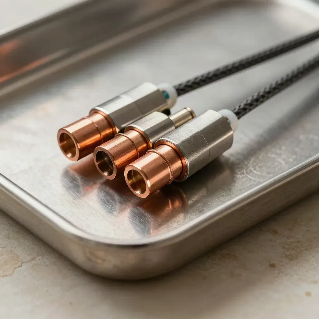 Macro of fiber-optic couplers, rack ears, copper caps, and braided cable on a brushed tray