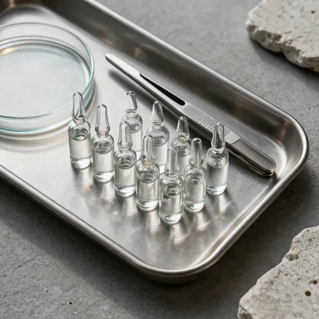 Top-down macro of lab ampoules, tweezers, petri lid, and steel tray on graphite concrete.