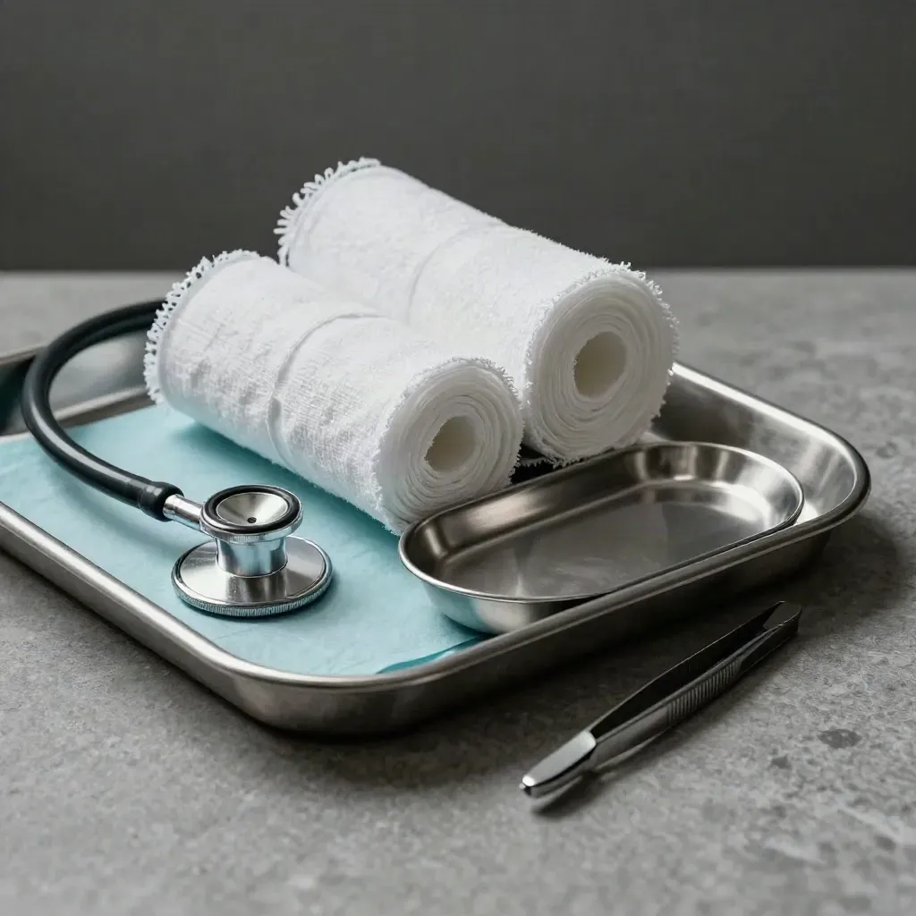 Stethoscope chestpiece, gauze, instrument dish and tweezers on a dark clinic stone surface.