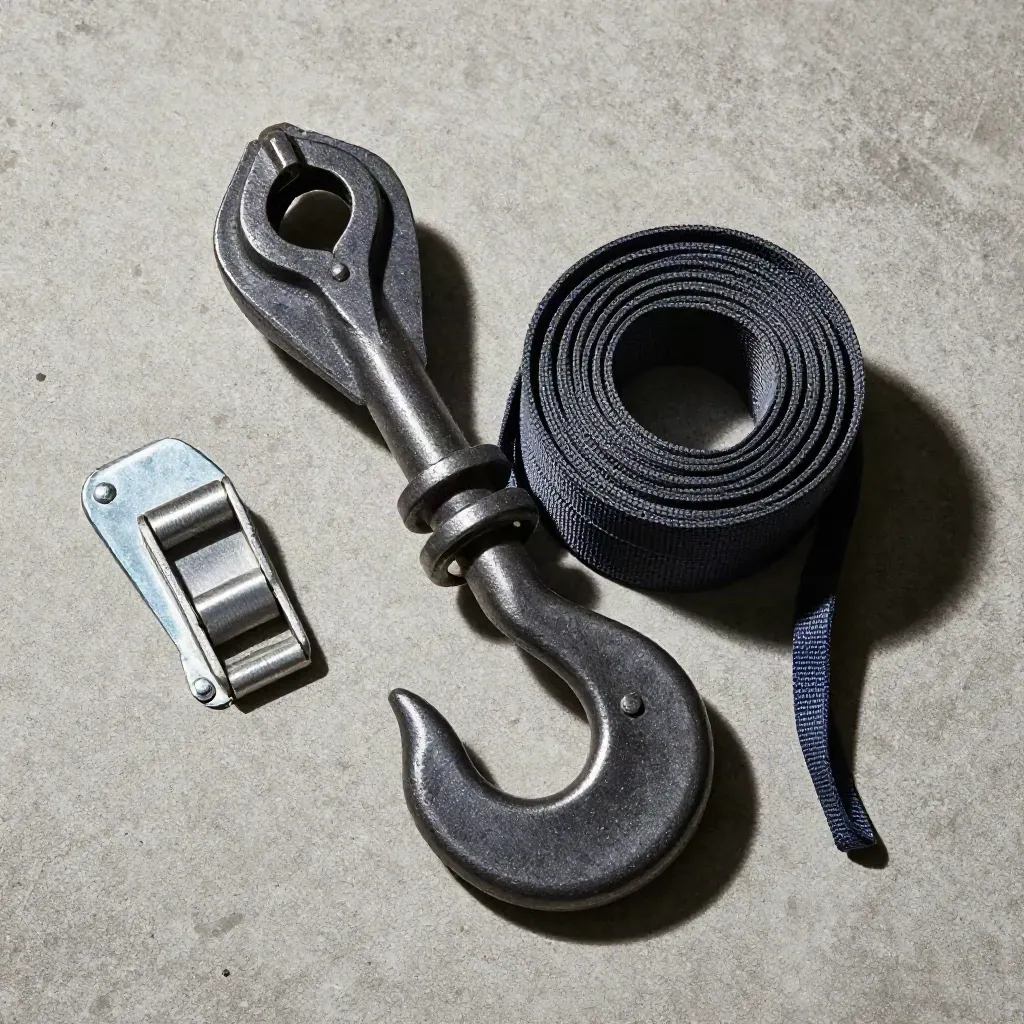 Overhead freight hardware on pale concrete with strap buckle, cargo hook, and coiled webbing in hard light.
