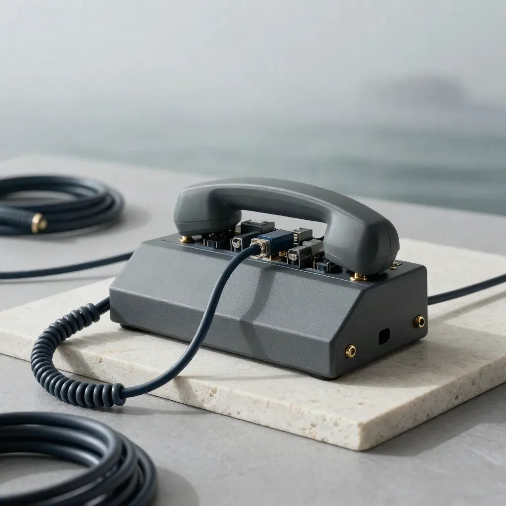 Graphite network switch, ethernet looms and relay modules on pale stone in sea fog.