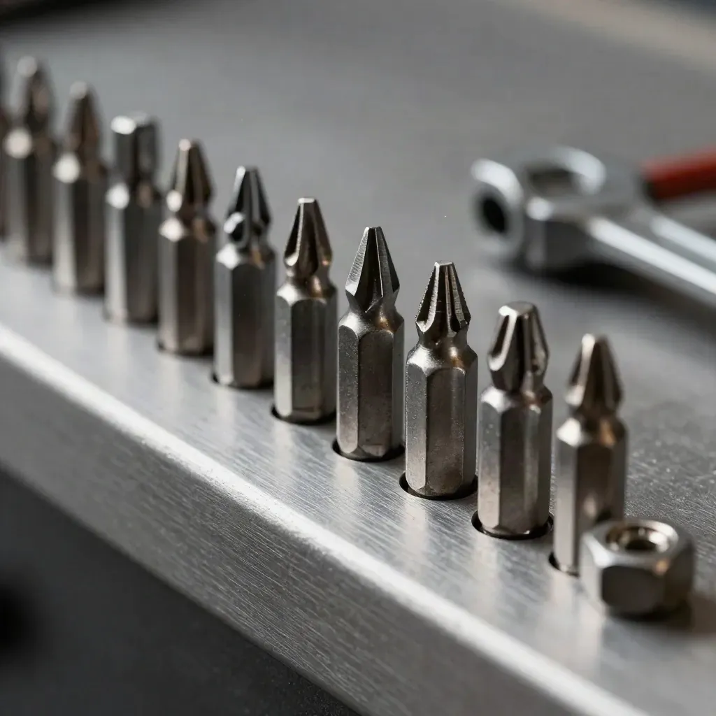 Extreme macro of socket bits and torque wrench head on brushed metal in graphite-gray light.