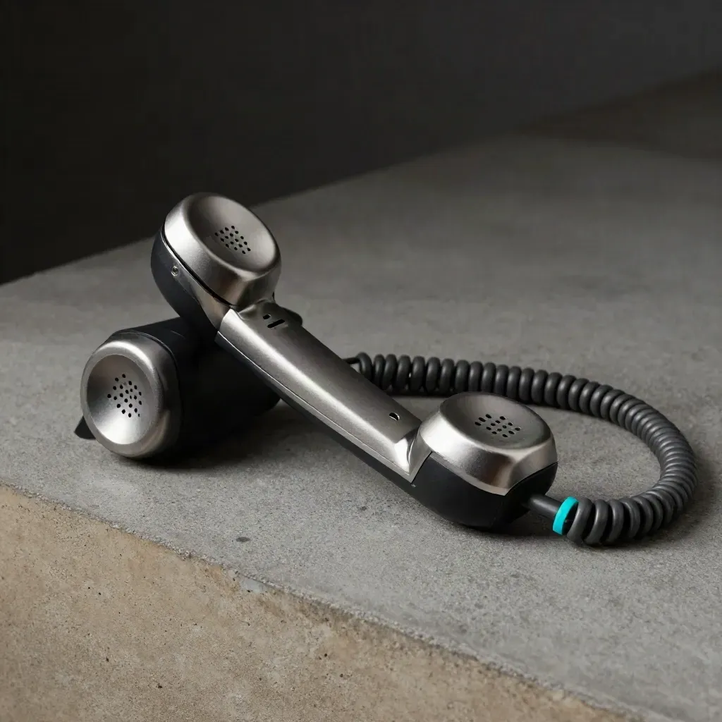 Stainless intercom handset, speaker puck, and cable base on graphite concrete with dramatic light