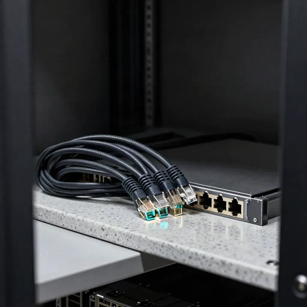 RJ45 plugs and braided cable loops on pale stone under dramatic upper-left light.