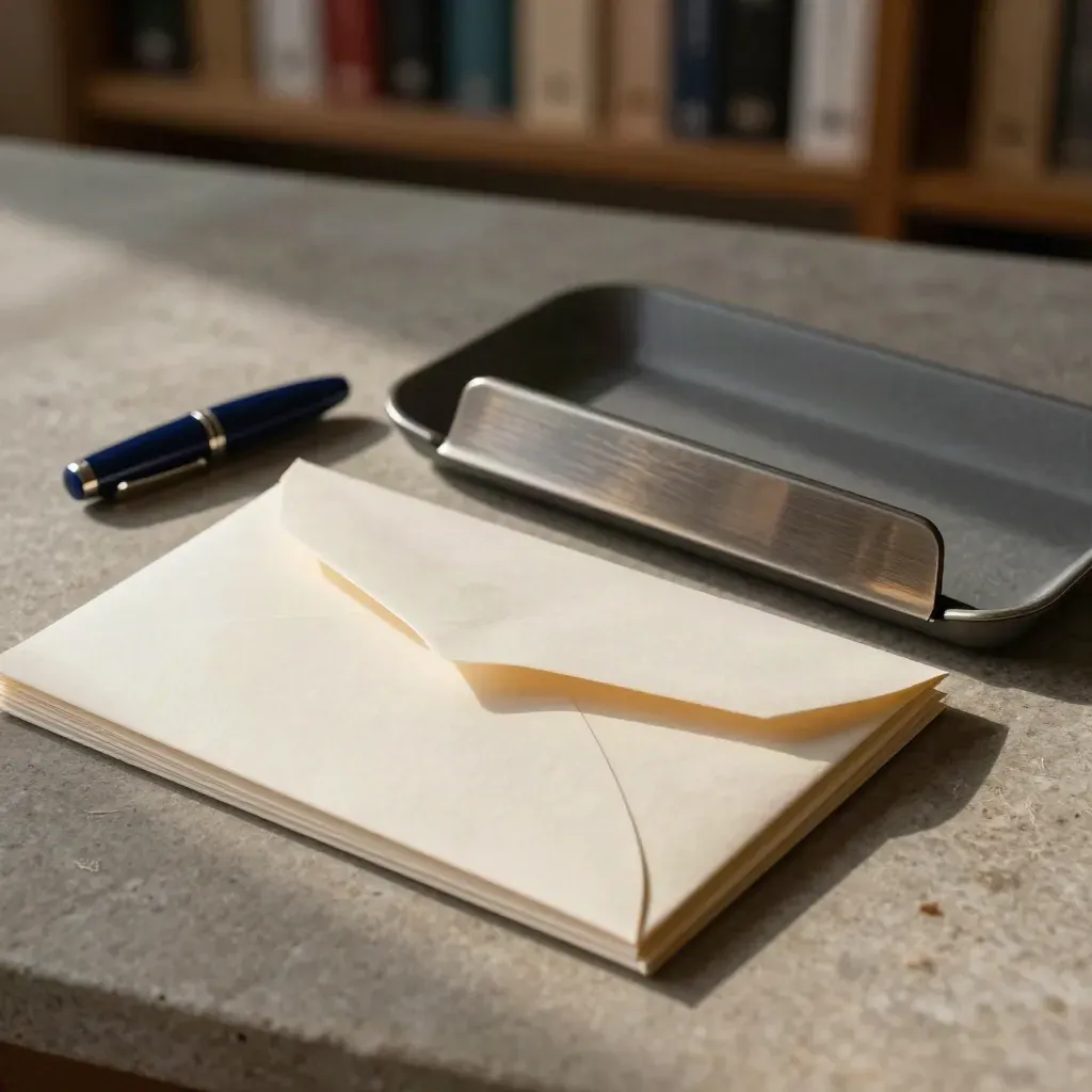 Macro stationery set with envelopes, pen cap, clamp rail and tray on stone under warm light