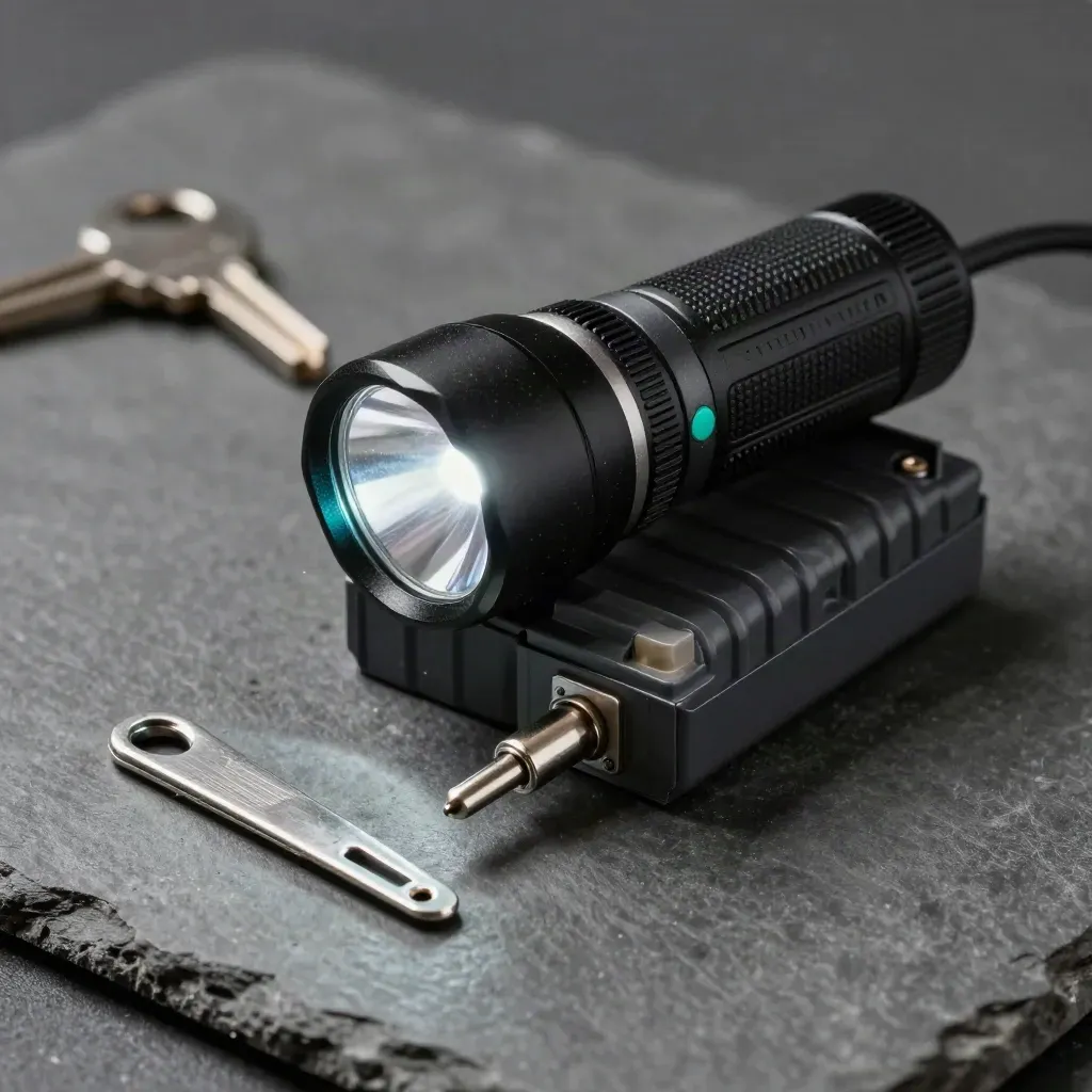 Inspection flashlight, fuse pack, probe tip, and maintenance clip on graphite under hard side light.