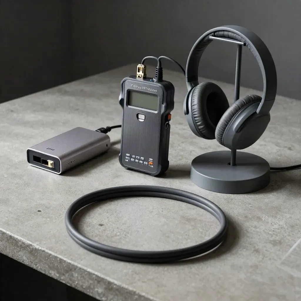 Ethernet tester, docking hub, headset stand, and coiled cable on a concrete desk