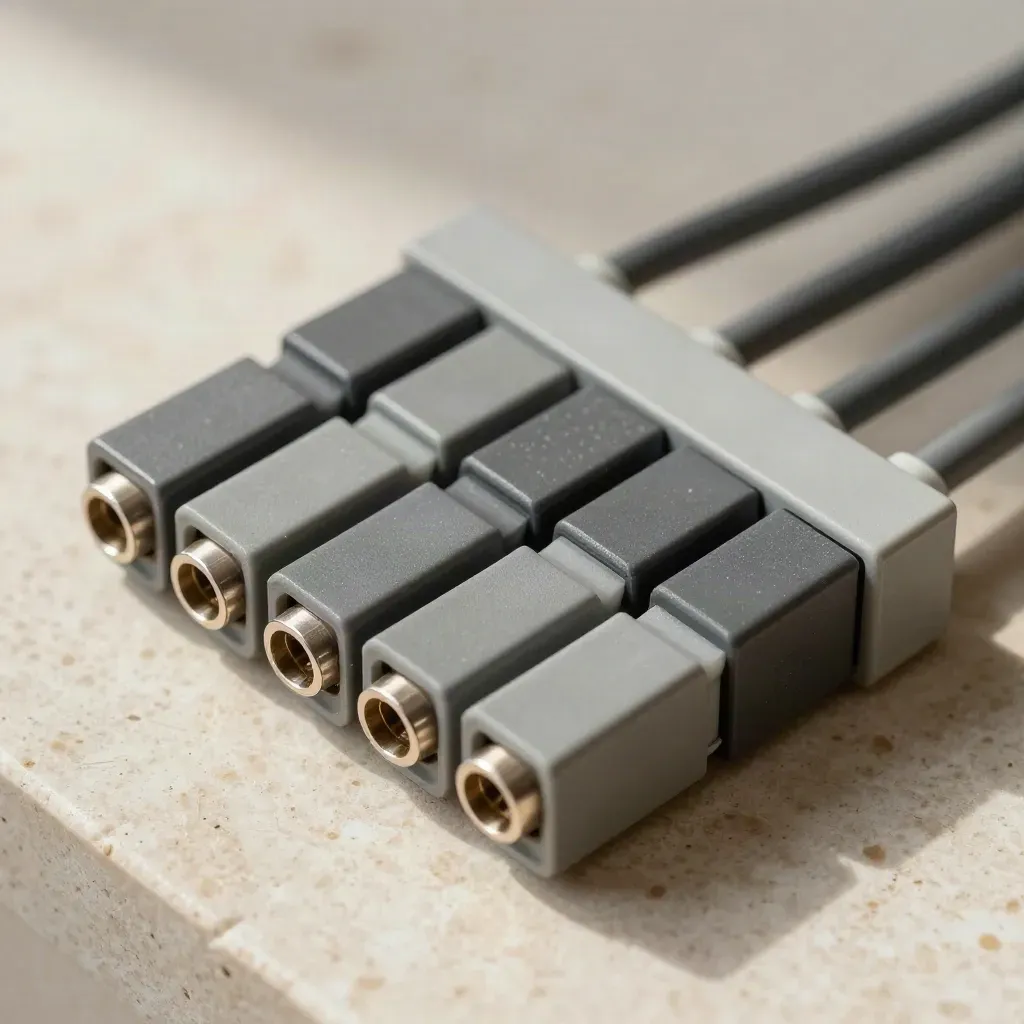 Top-down still life of connected terminal blocks and a cable comb on pale stone with soft daylight.