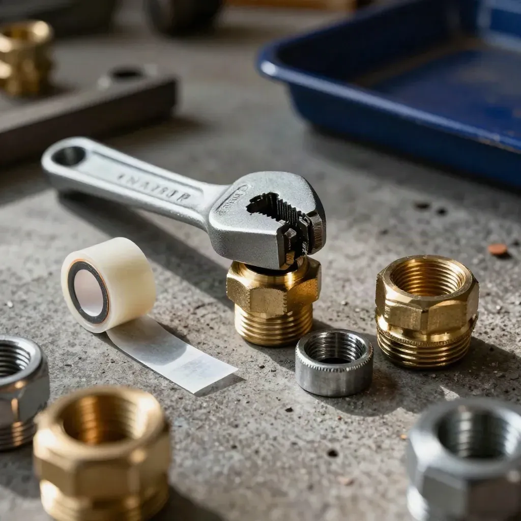 Torque wrench with brass fittings, seal tape spool and steel coupling ring on stone, shot through a foreground ring.