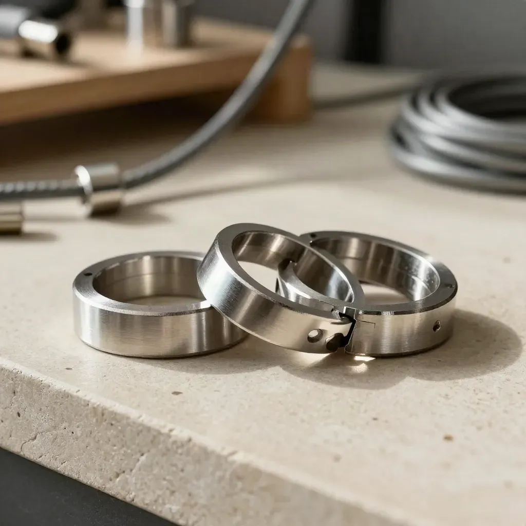 Machined aluminum rings and connector plates snapped together on pale stone, workshop bokeh behind.
