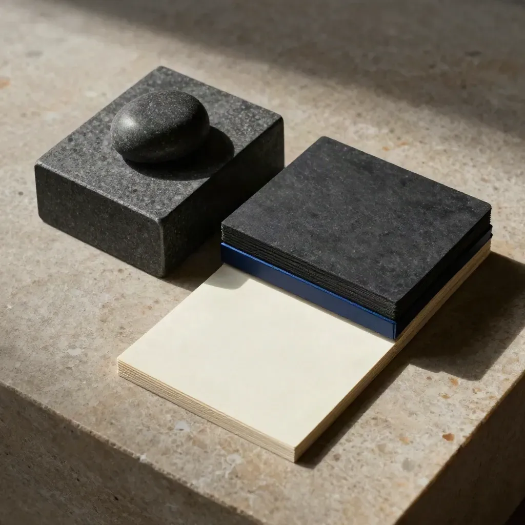 Graphite blocks, paperweight and clipped cards on limestone, lit dramatically from upper left.