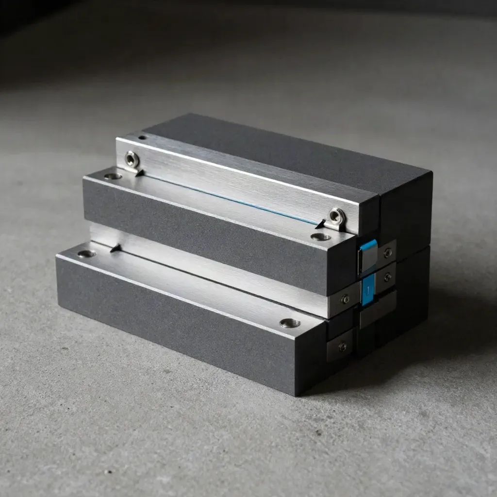 Macro of modular connector blocks and hinge joints on concrete with cyan accent