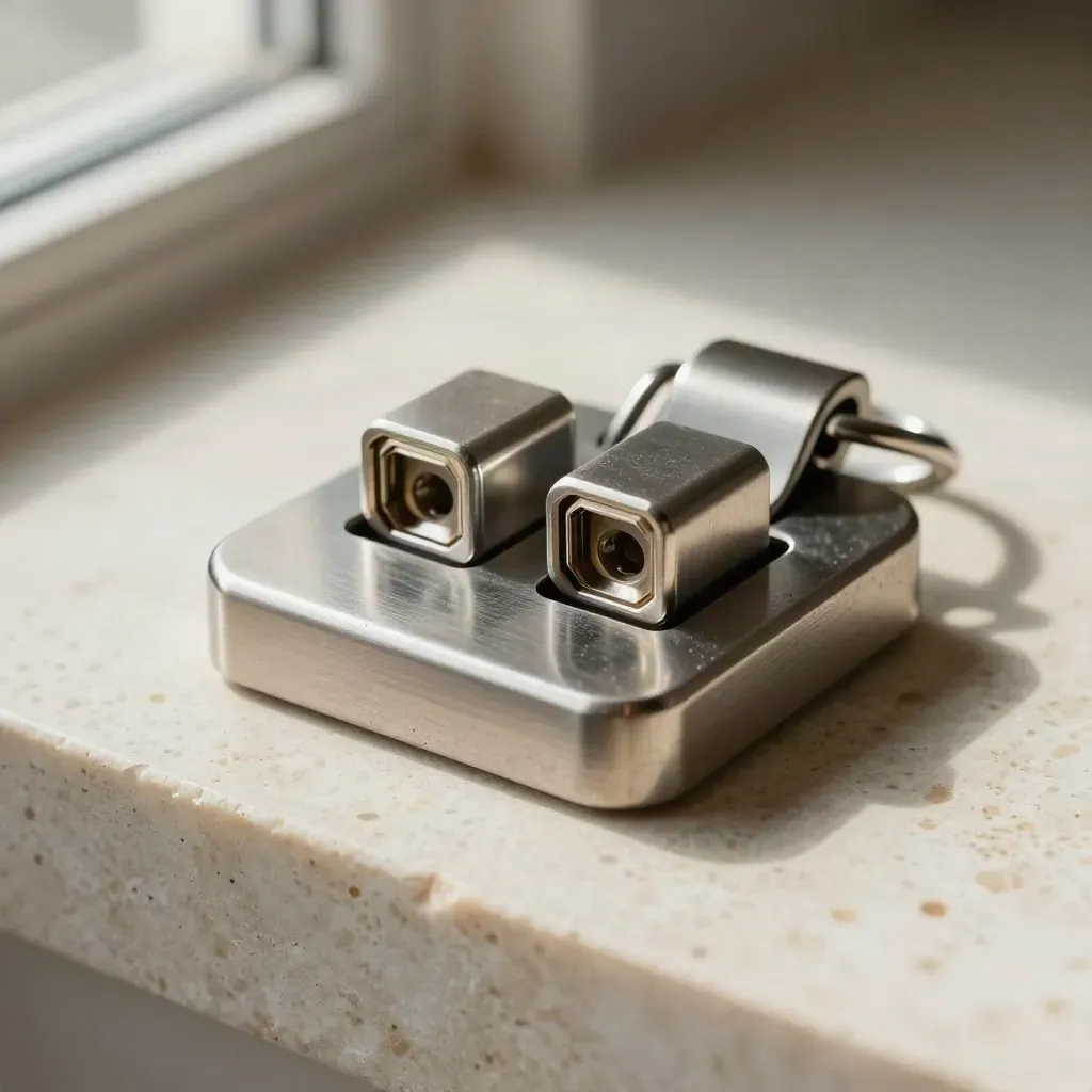 Metal payment dock shell with magnetic connectors and ring clamp on pale stone, lit by soft daylight.