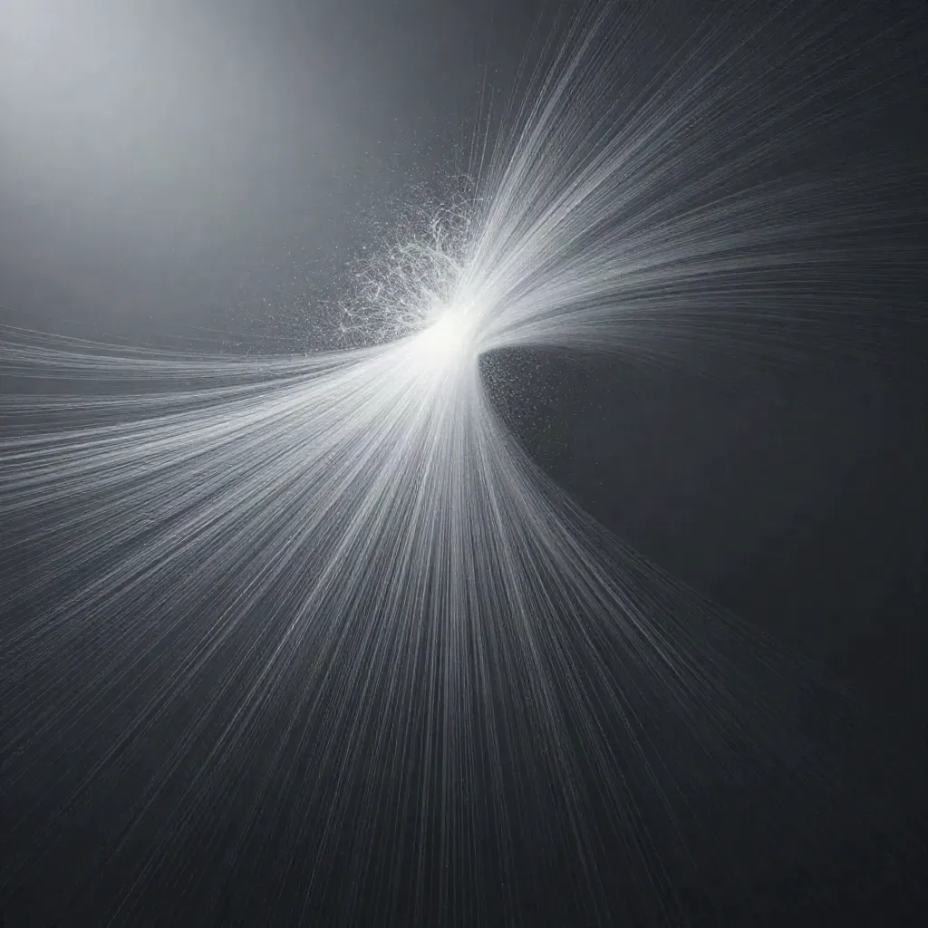 Silver filaments converge into a soft white bloom in dark graphite space.