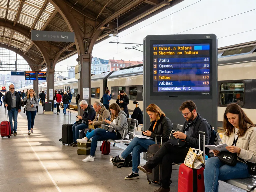 Busy train station with passengers checking for Scioperi treni alerts on digital boards during a transport strike.